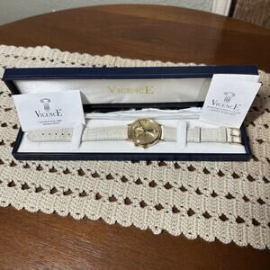 14K Yellow Gold Womens Vicence Dual Time Wrist Watch w/Ivory Leather Strap Italy